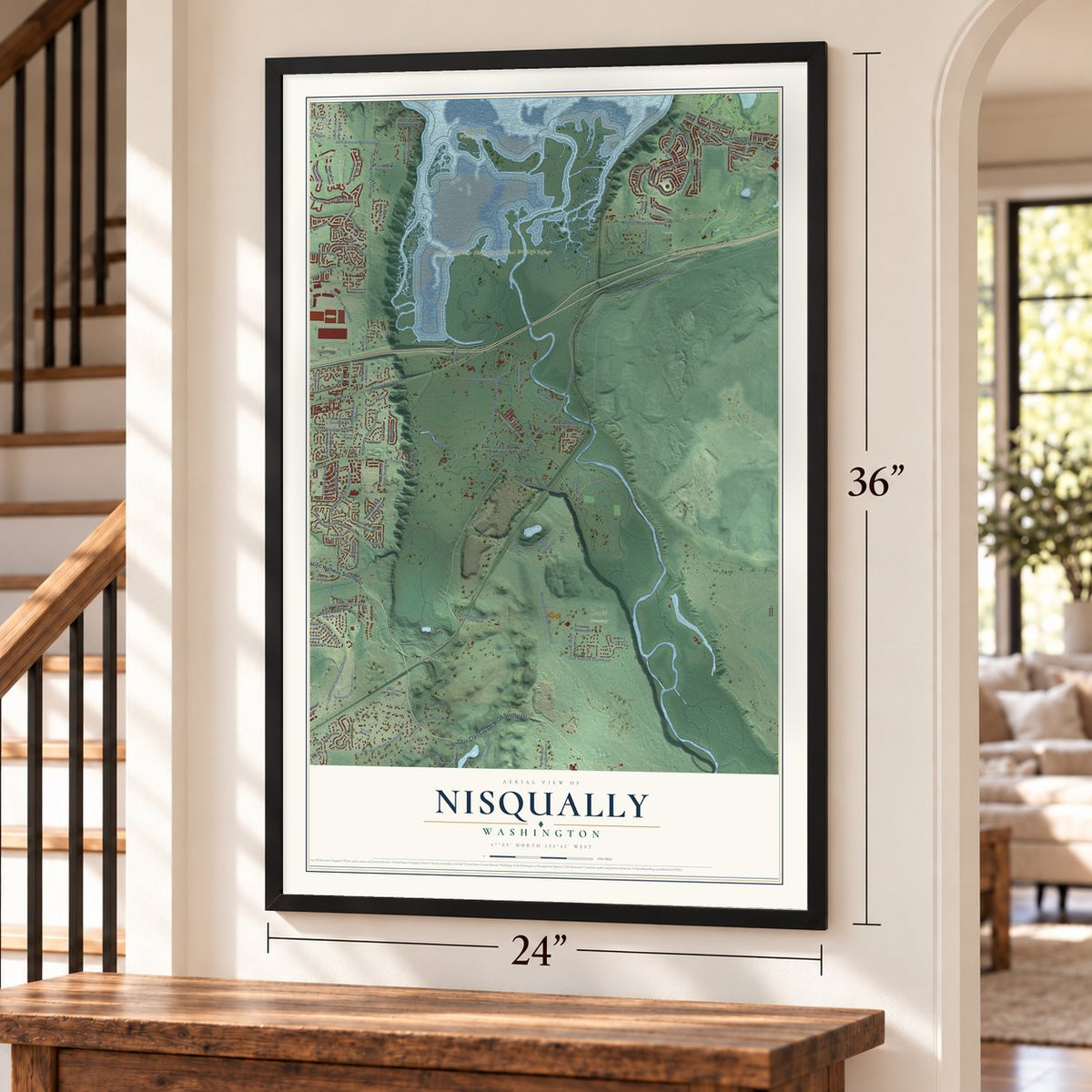 Nisqually, Washington map, 24 x 36 inch print in a black frame by a staircase