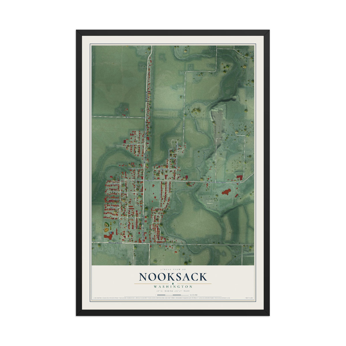 Map of Nooksack, Washington, 12 x 18 inch print in a black wood frame