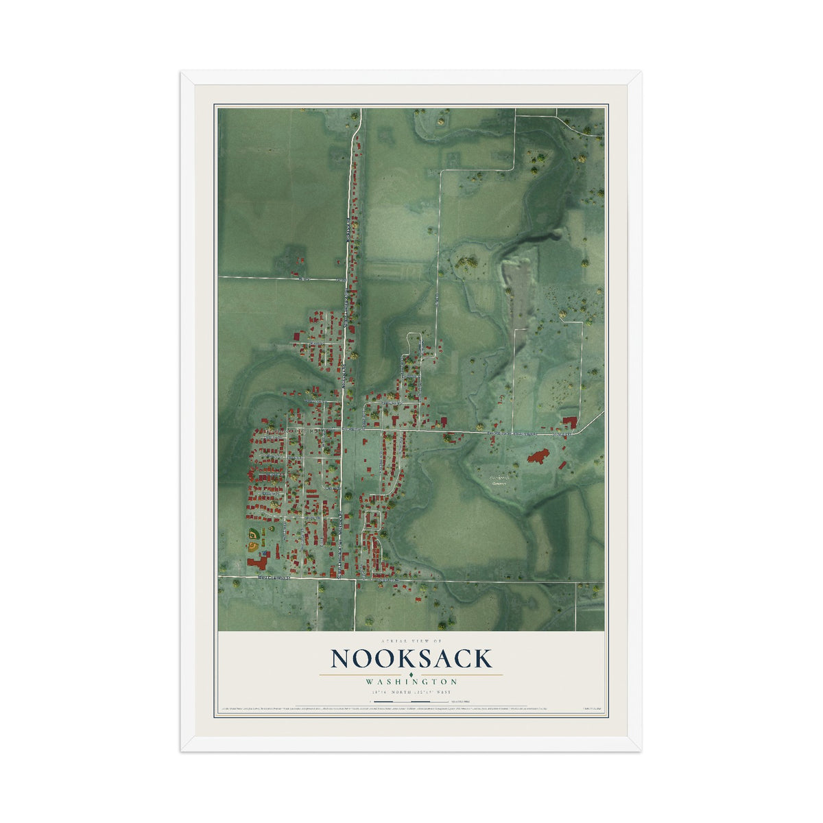Map of Nooksack, Washington, 12 x 18 inch print in a white wood frame
