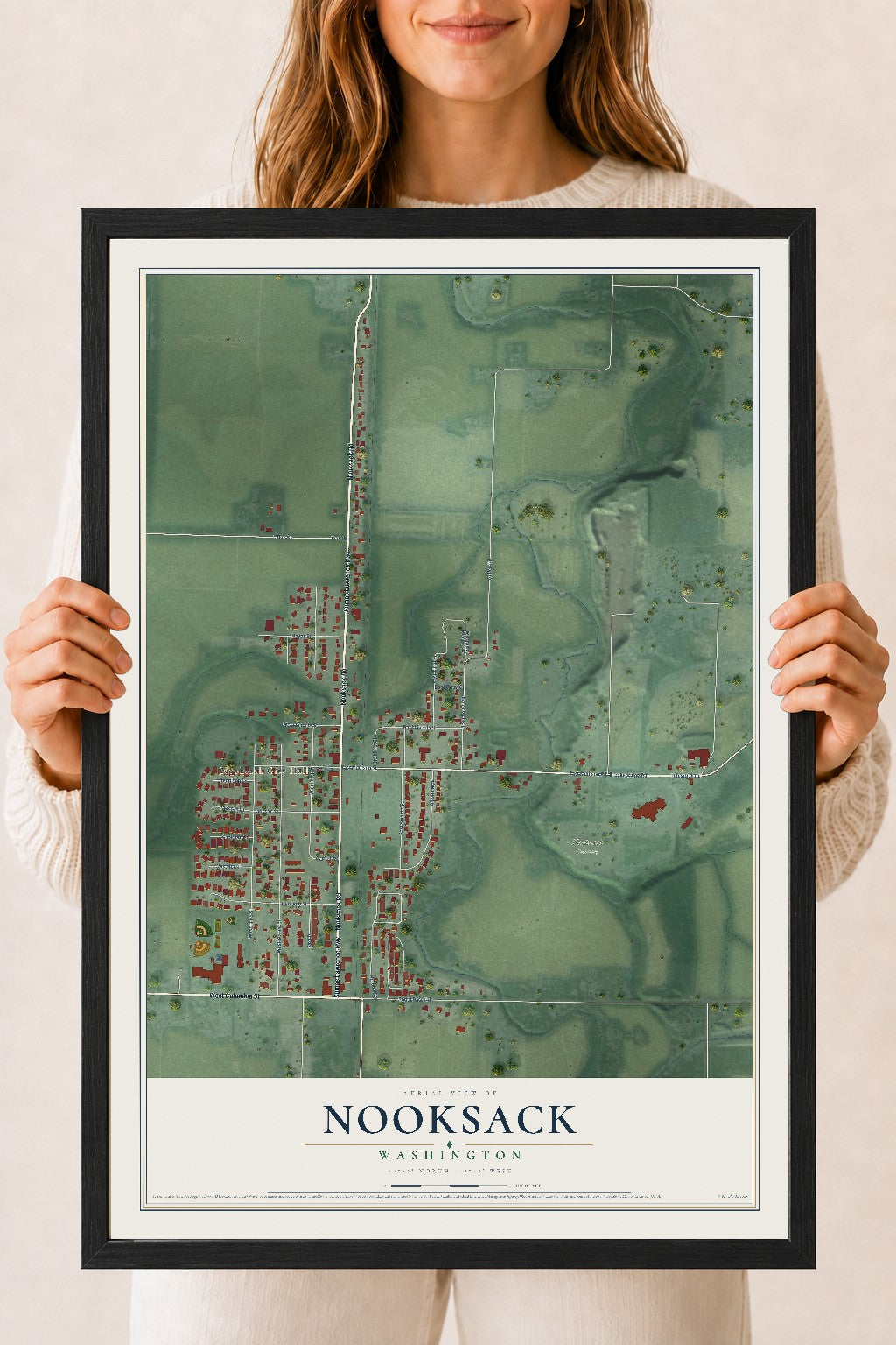 Map of Nooksack, Washington, 18 x 24 inch print in a black wood frame
