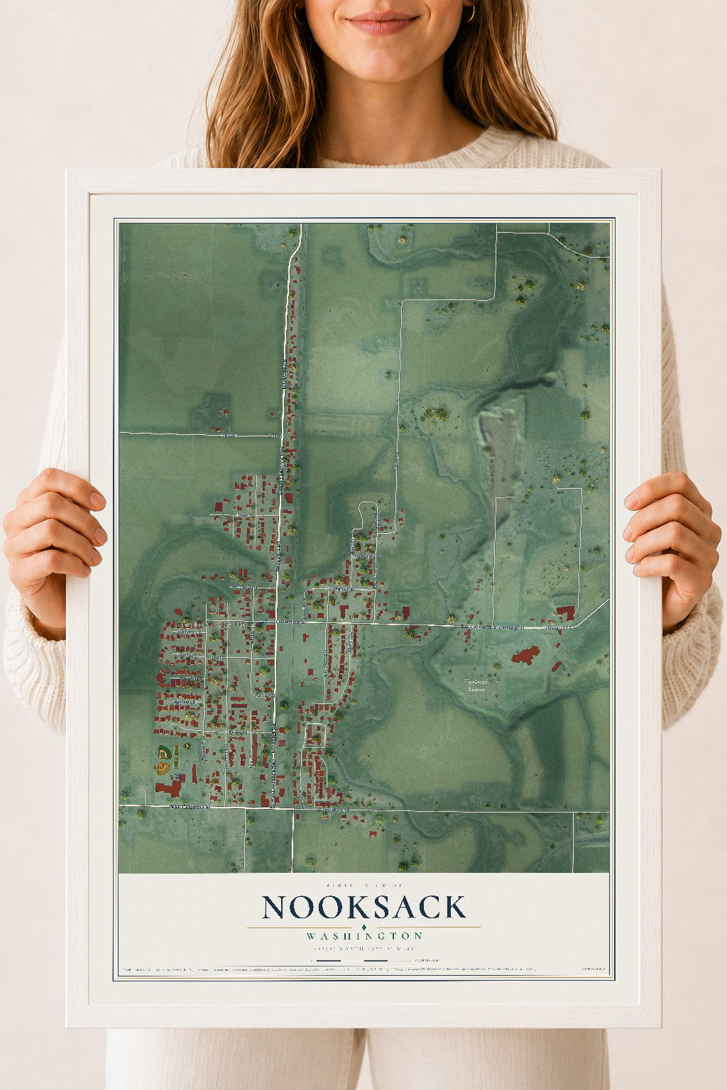 Map of Nooksack, Washington, 18 x 24 inch print in a white wood frame