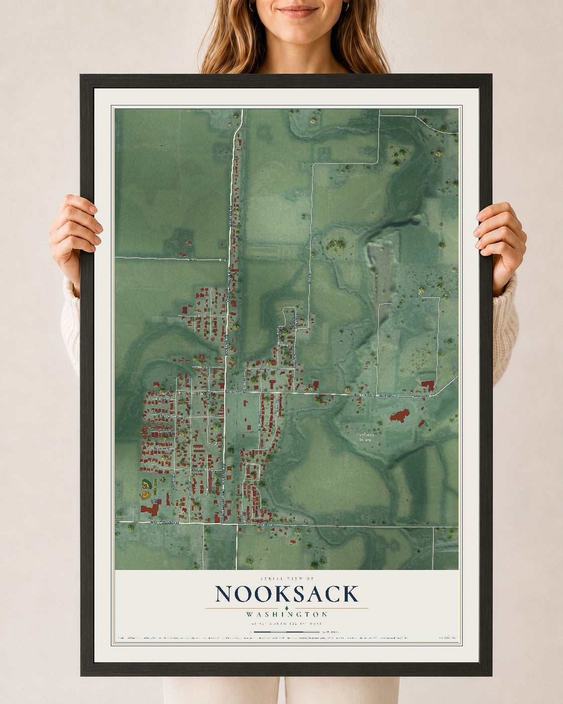 Map of Nooksack, Washington, 24 x 36 inch print in a black wood frame