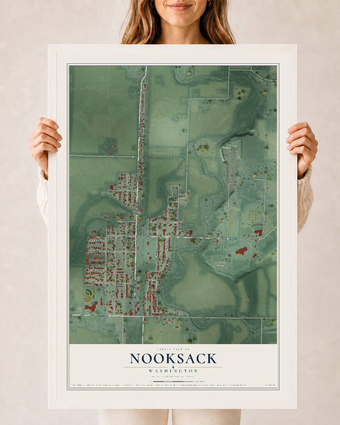 Map of Nooksack, Washington, 24 x 36 inch print in a white wood frame