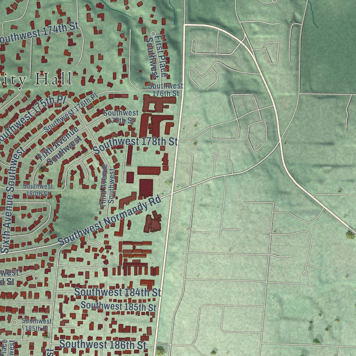 Second close-up of the map of Normandy Park, Washington print showing more streets and buildings