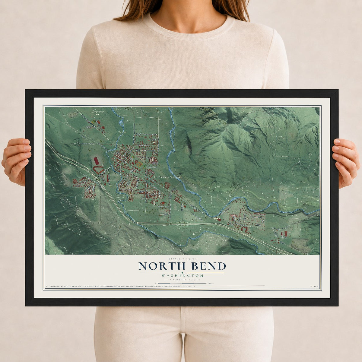 Map of North Bend, Washington, 12 x 18 inch print in a black wood frame