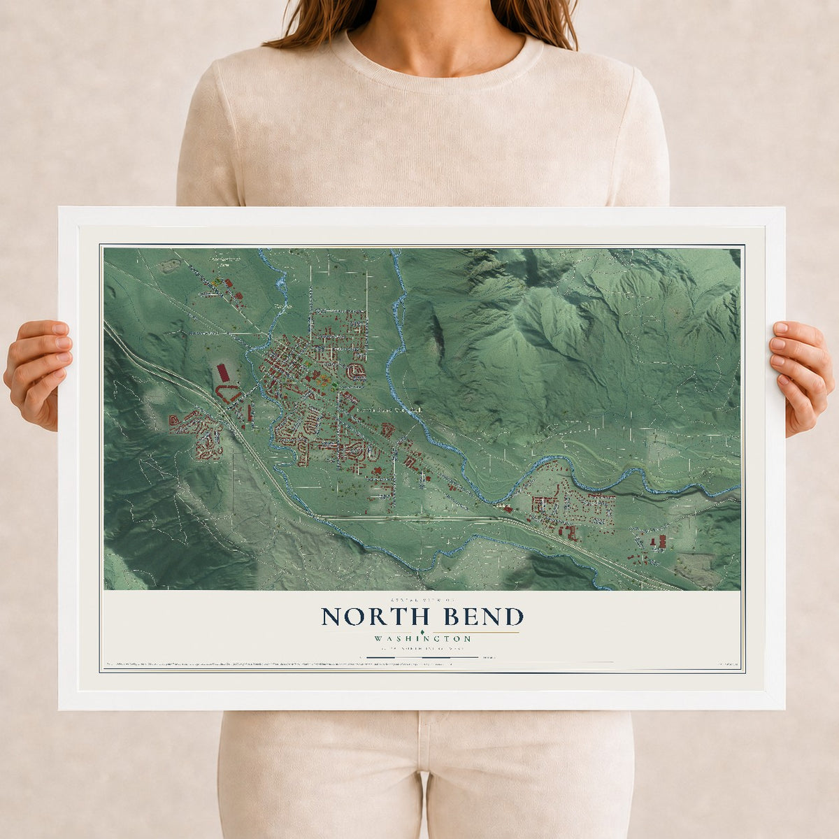 Map of North Bend, Washington, 12 x 18 inch print in a white wood frame