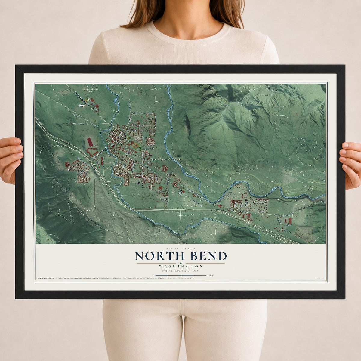 Map of North Bend, Washington, 18 x 24 inch print in a black wood frame