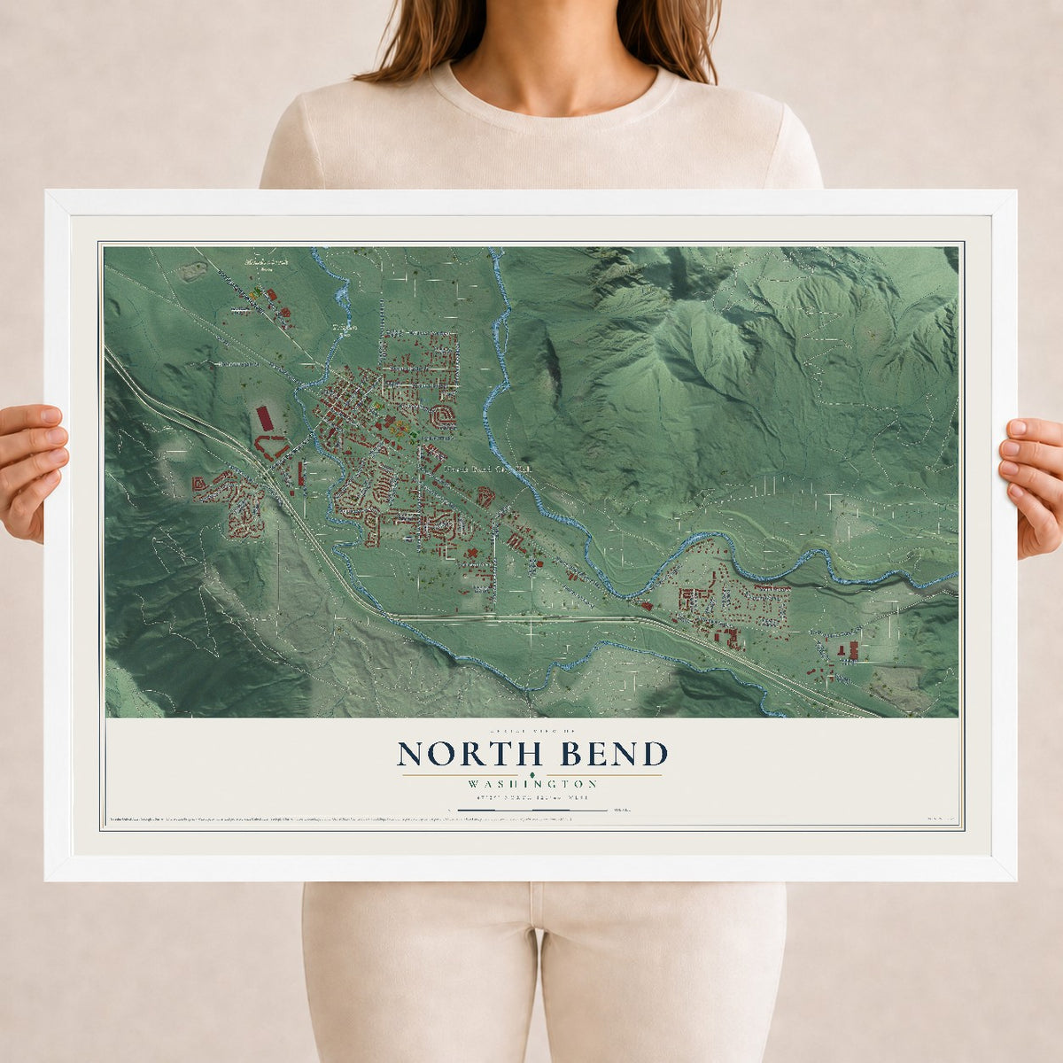 Map of North Bend, Washington, 18 x 24 inch print in a white wood frame