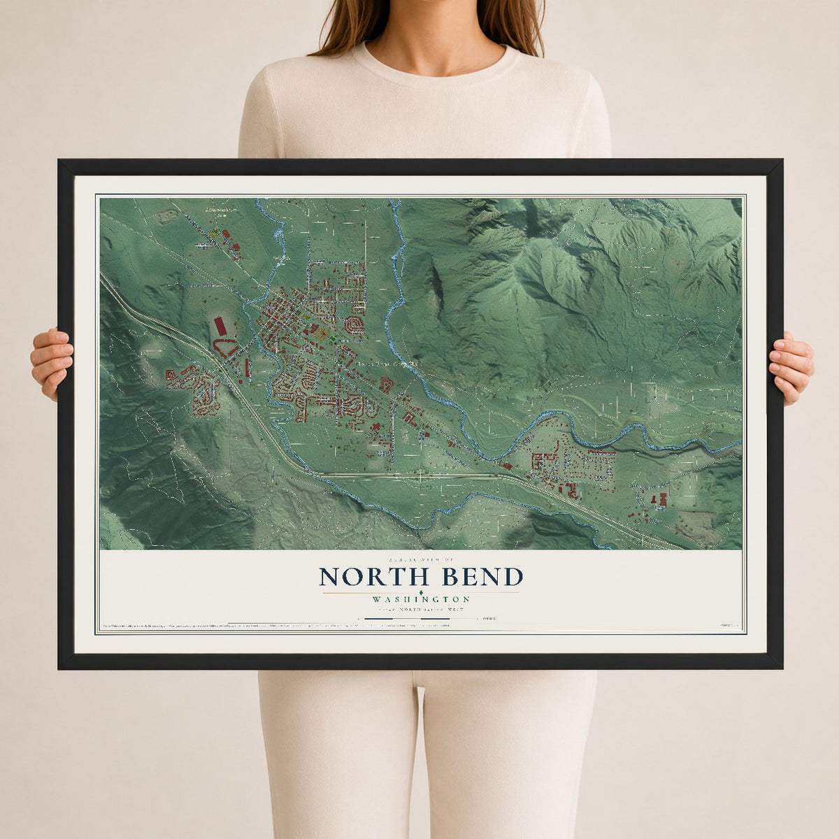 Map of North Bend, Washington, 24 x 36 inch print in a black wood frame