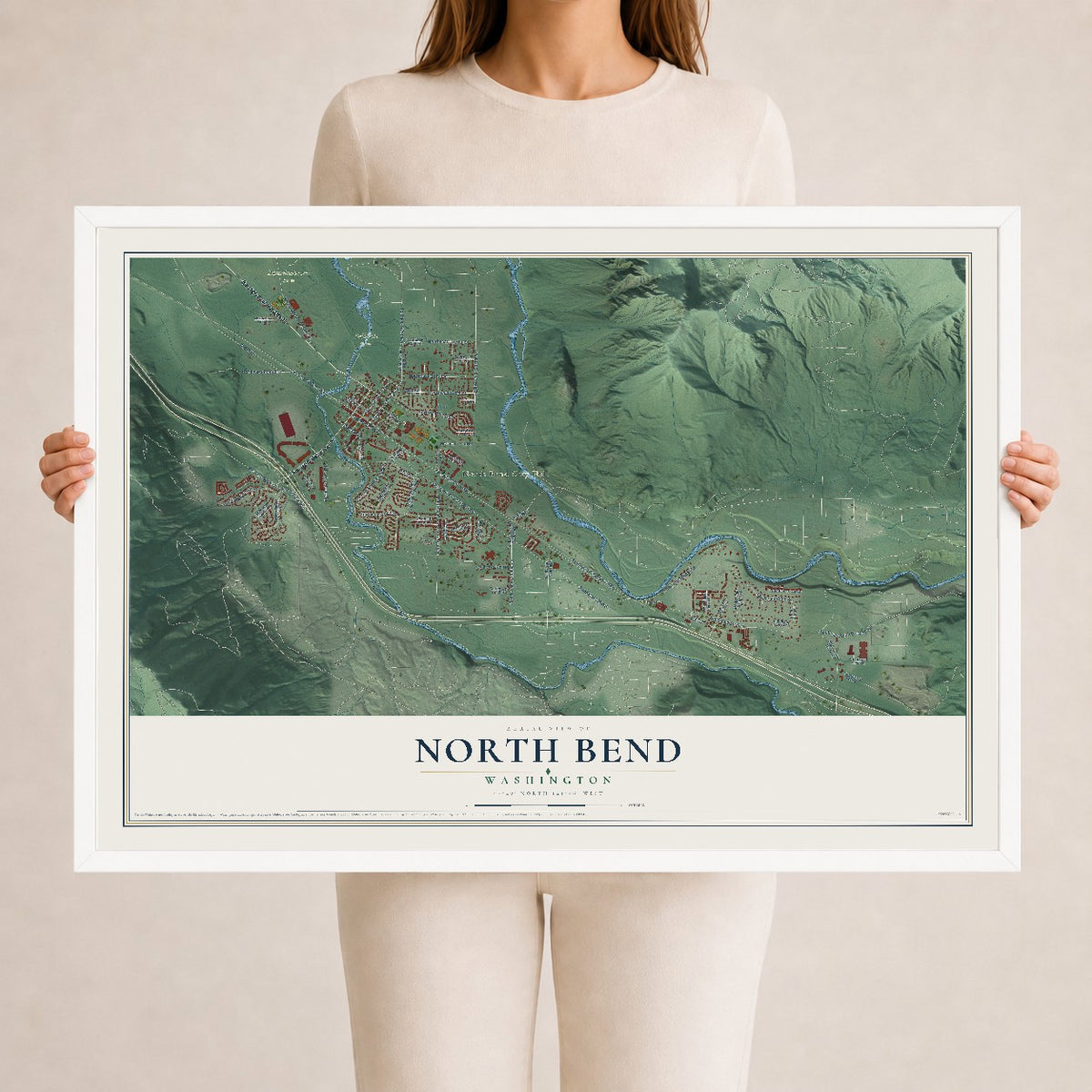 Map of North Bend, Washington, 24 x 36 inch print in a white wood frame