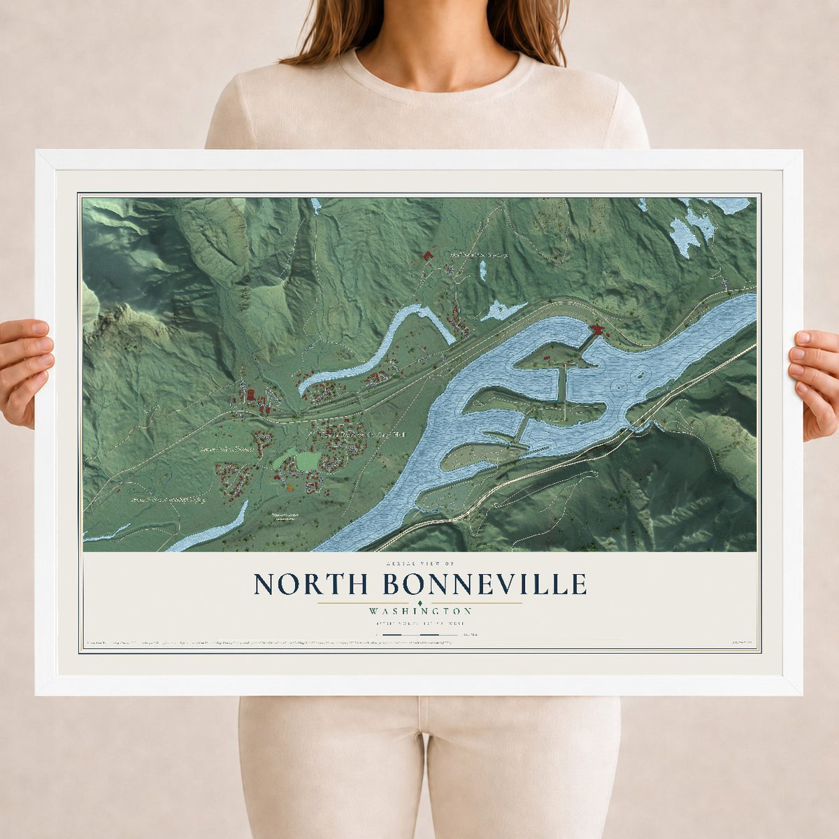 Map of North Bonneville, Washington, 18 x 24 inch print in a white wood frame