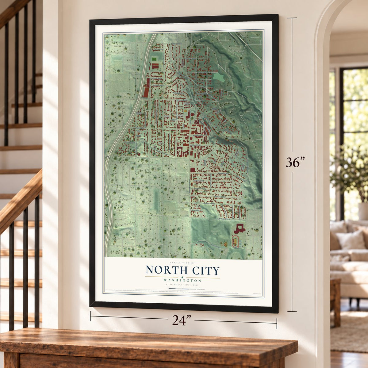 North City, Washington map, 24 x 36 inch print in a black frame by a staircase