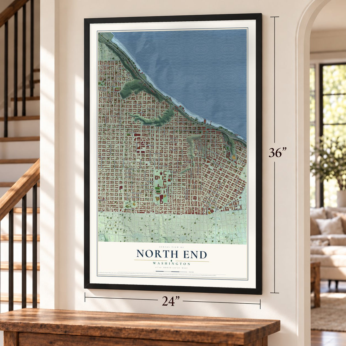 North End, Washington map, 24 x 36 inch print in a black frame by a staircase