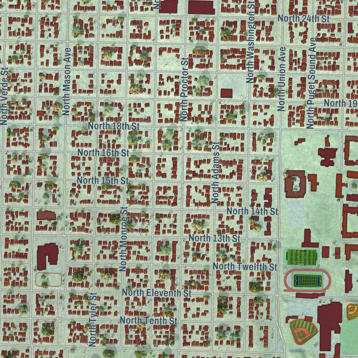 Close-up of the map of North End, Washington print showing street and building detail
