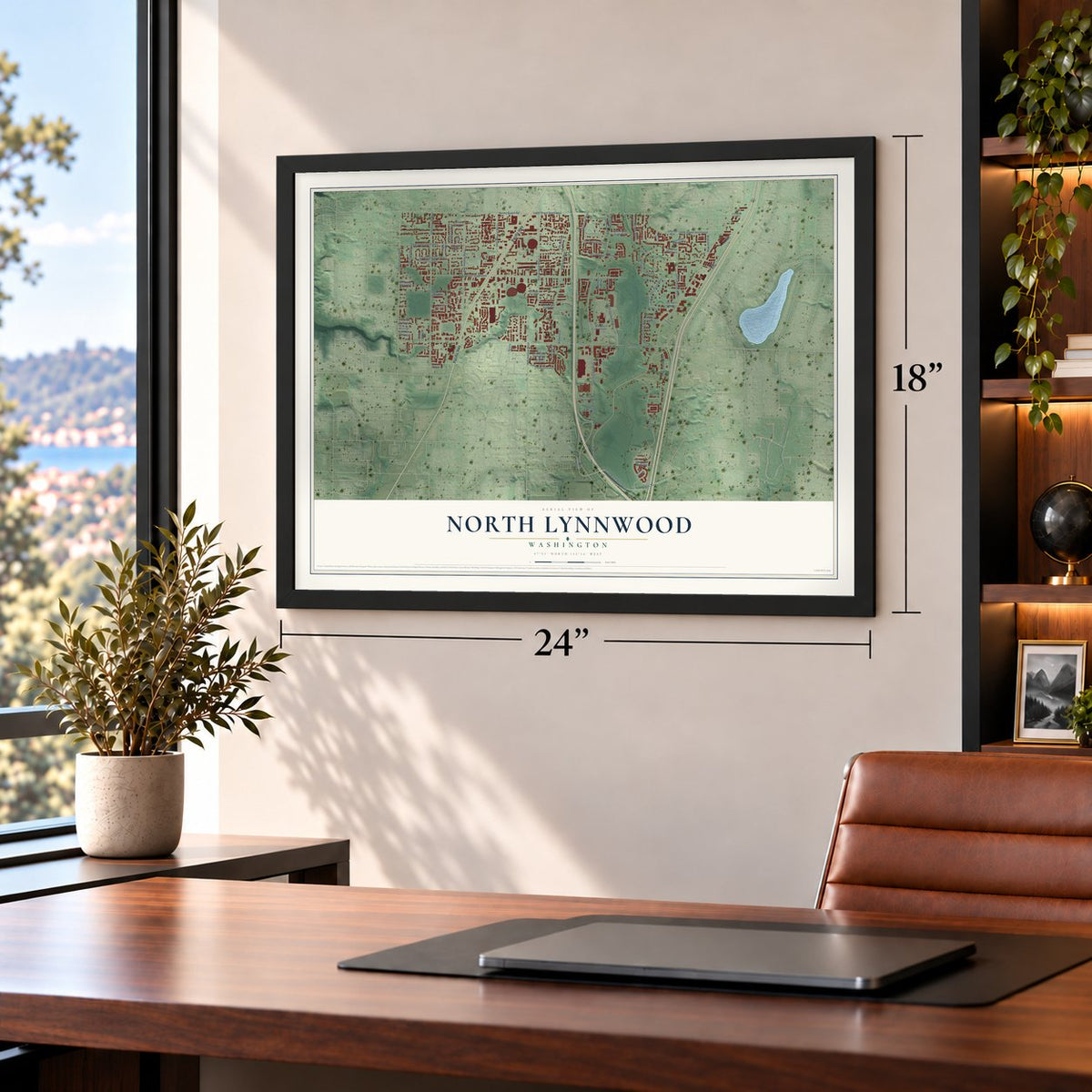 North Lynnwood, Washington map, 18 x 24 inch print in a black frame in a home office