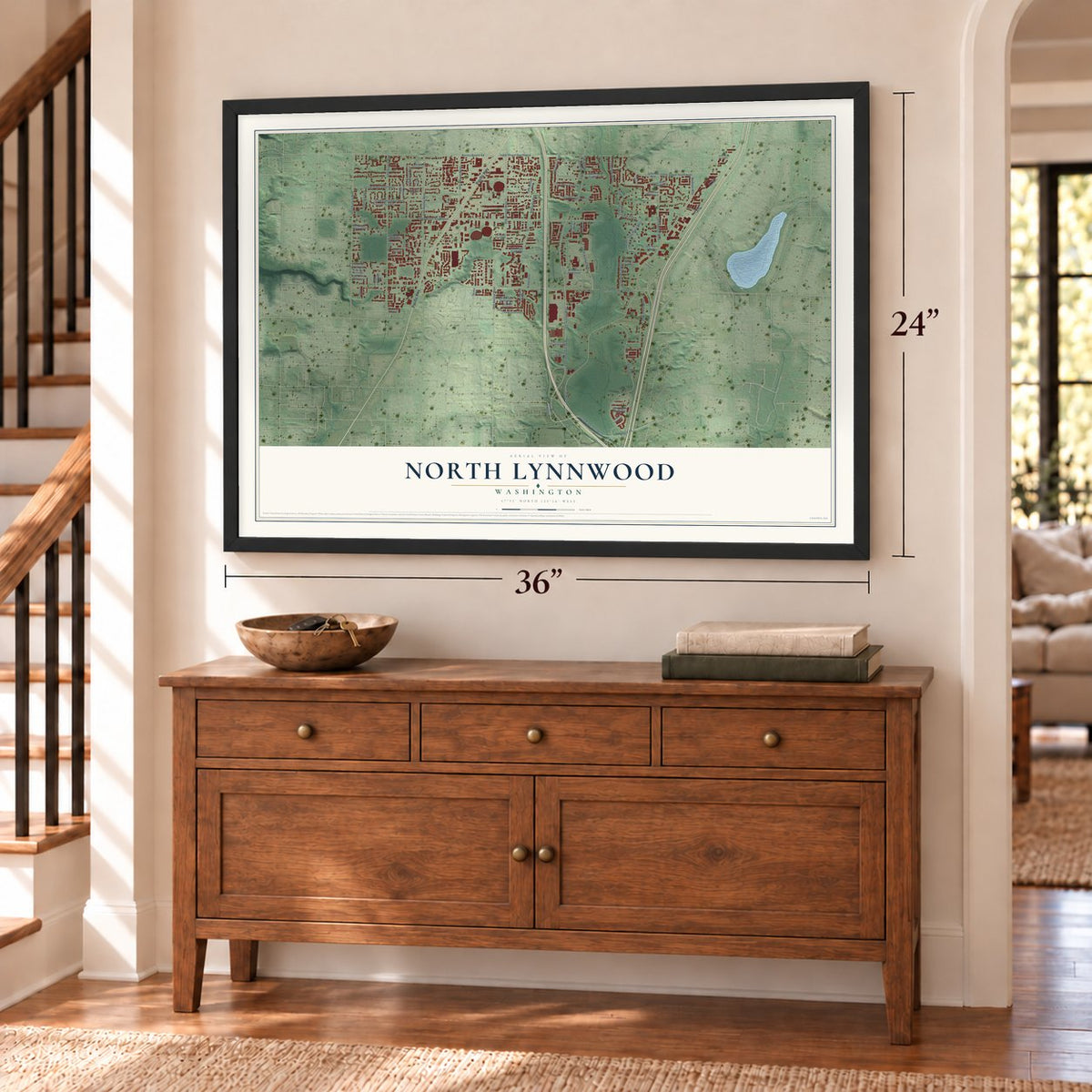 North Lynnwood, Washington map, 24 x 36 inch print in a black frame above a dresser by a staircase