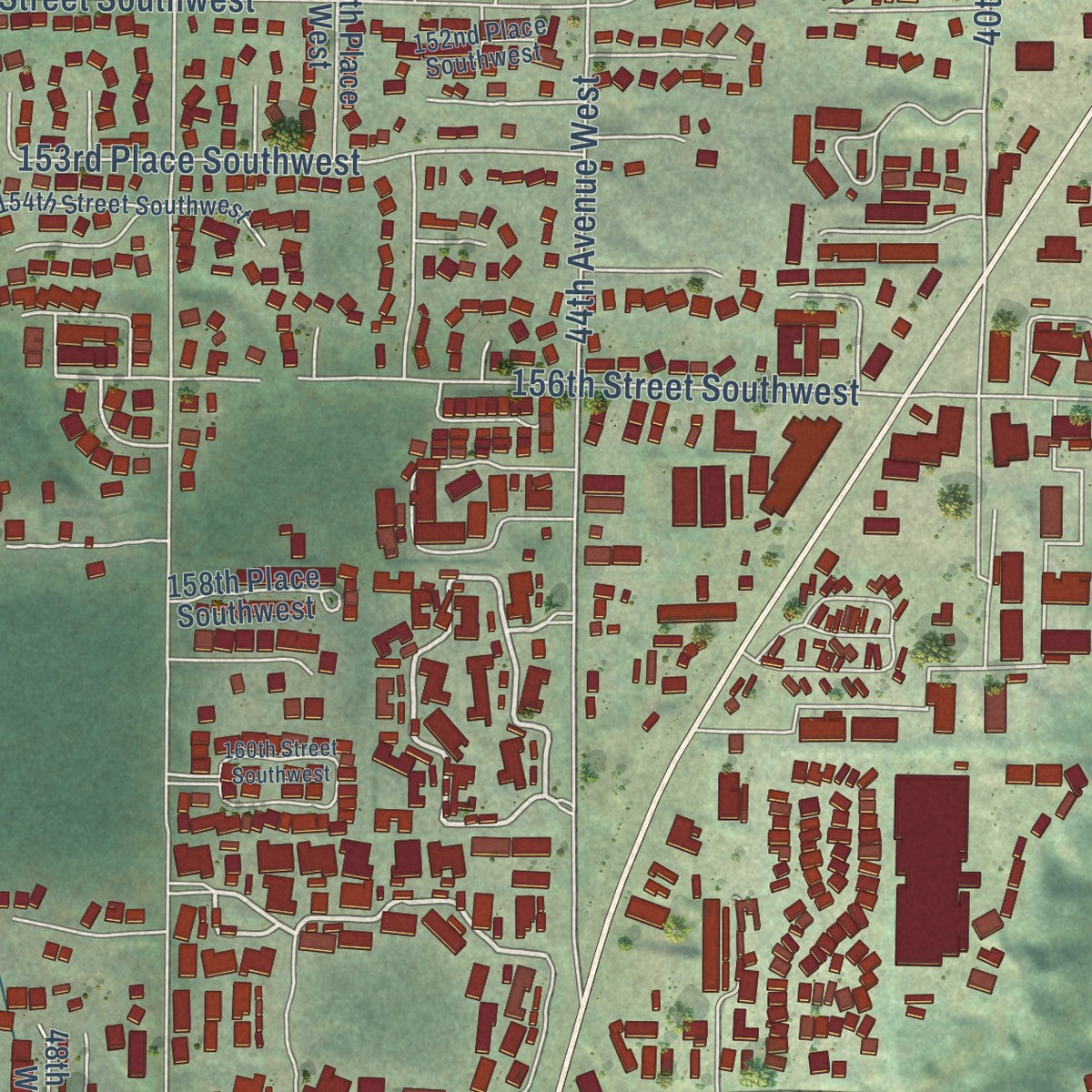 Close-up of the map of North Lynnwood, Washington print showing street and building detail