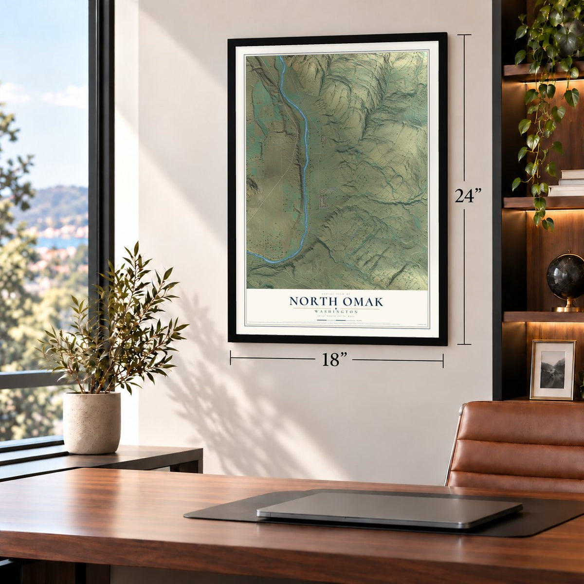 North Omak, Washington map, 18 x 24 inch print in a black frame in a home office