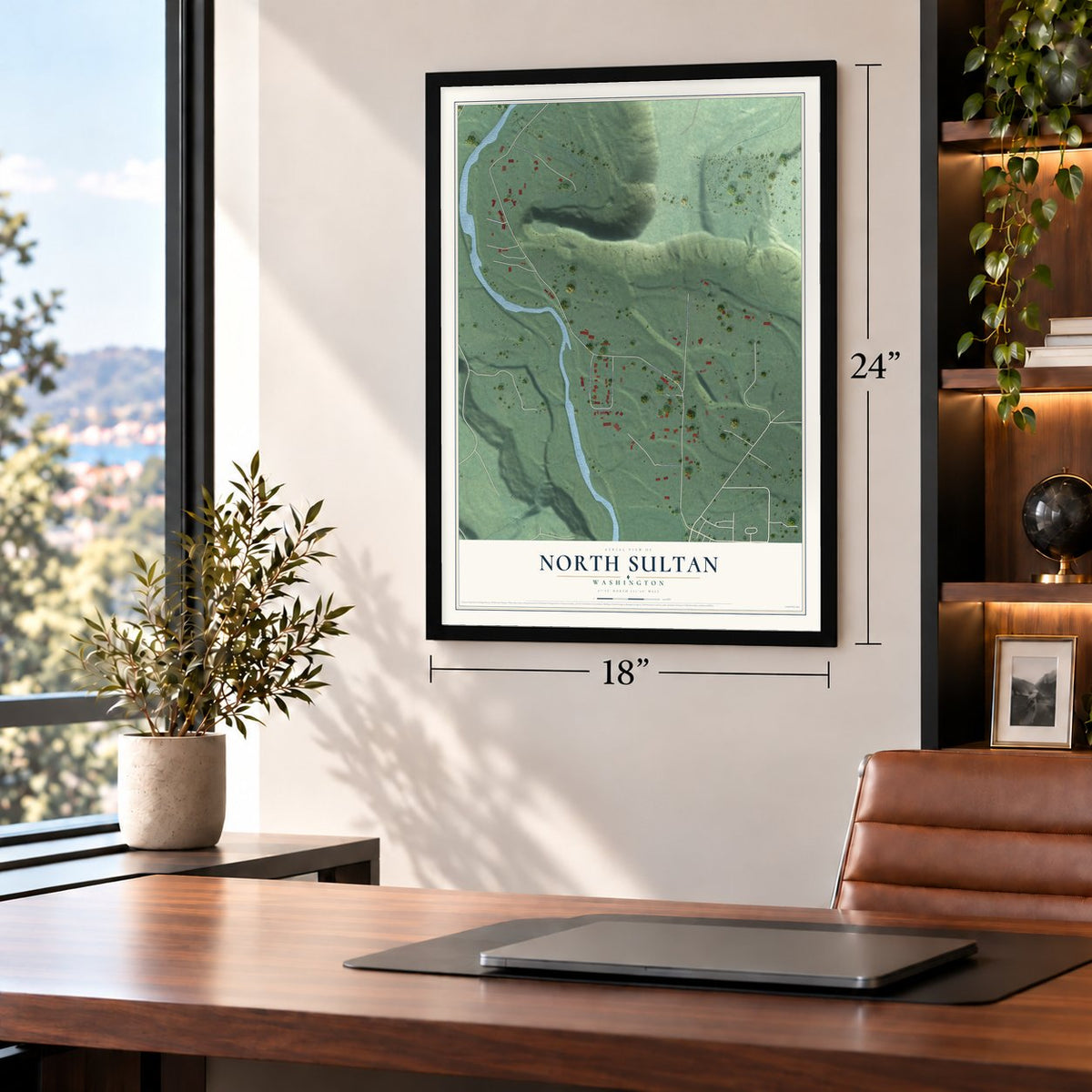 North Sultan, Washington map, 18 x 24 inch print in a black frame in a home office