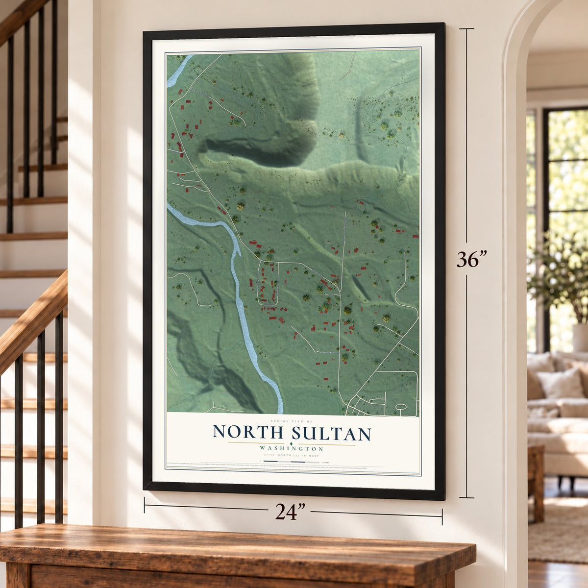 North Sultan, Washington map, 24 x 36 inch print in a black frame by a staircase