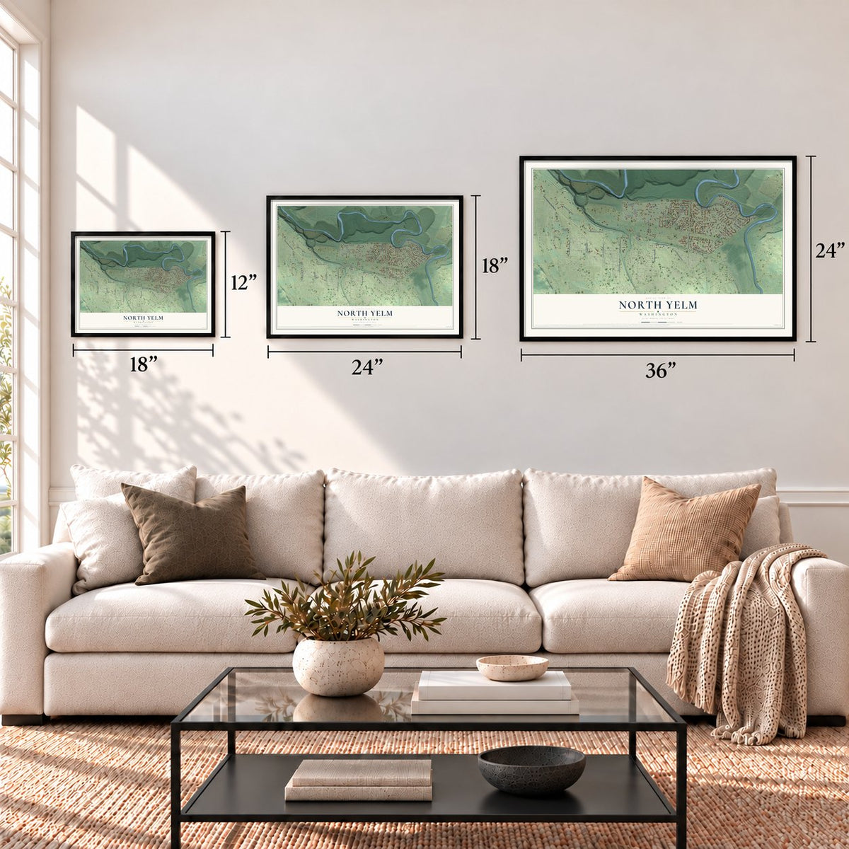 North Yelm, Washington map in 12 x 18, 18 x 24 and 24 x 36 inch sizes above a sofa