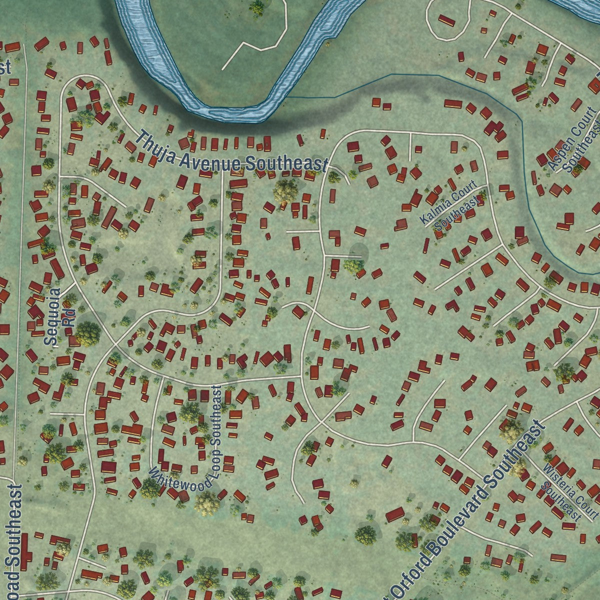 Close-up of the map of North Yelm, Washington print showing street and building detail
