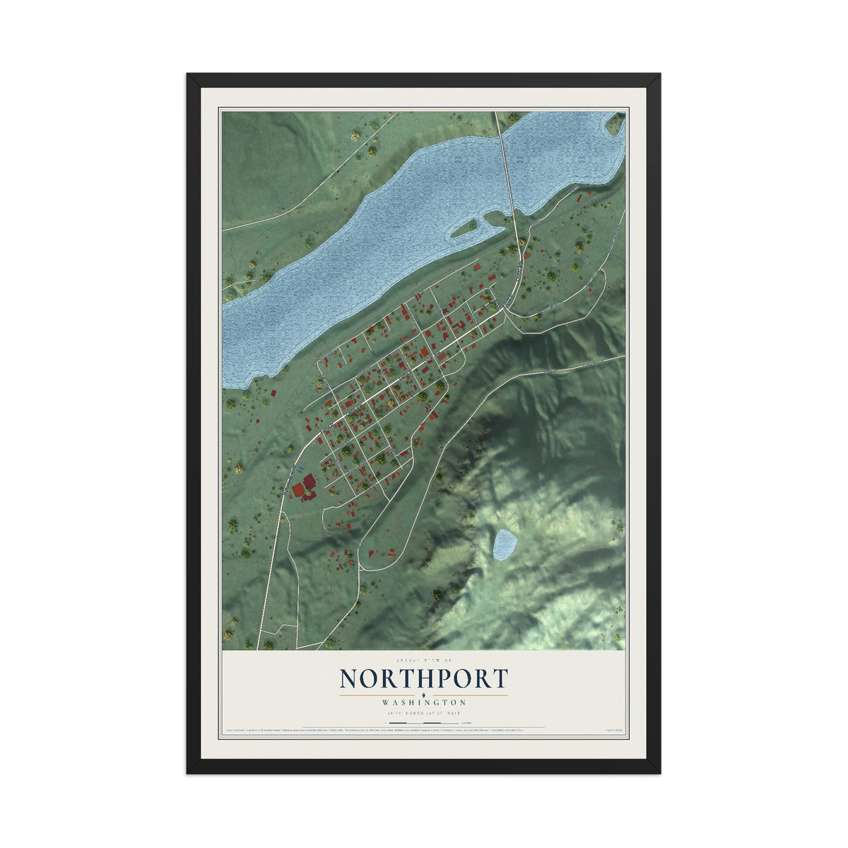 Map of Northport, Washington, 12 x 18 inch print in a black wood frame