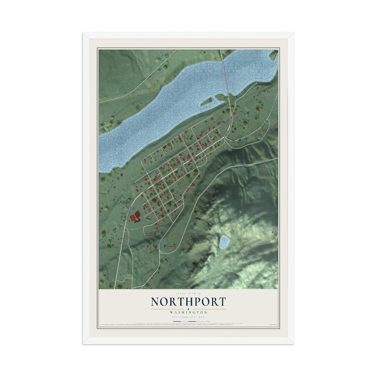 Map of Northport, Washington, 12 x 18 inch print in a white wood frame