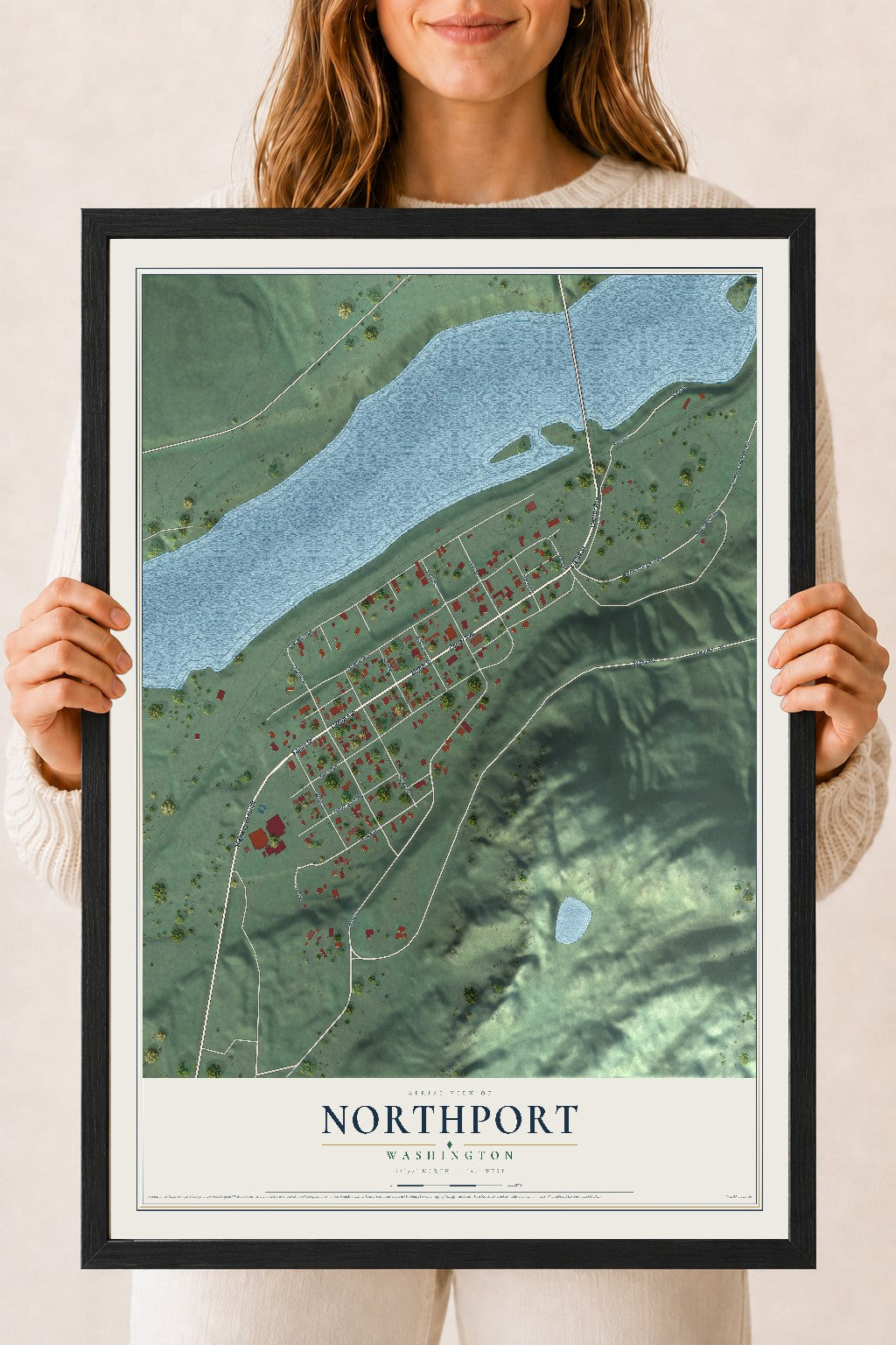 Map of Northport, Washington, 18 x 24 inch print in a black wood frame