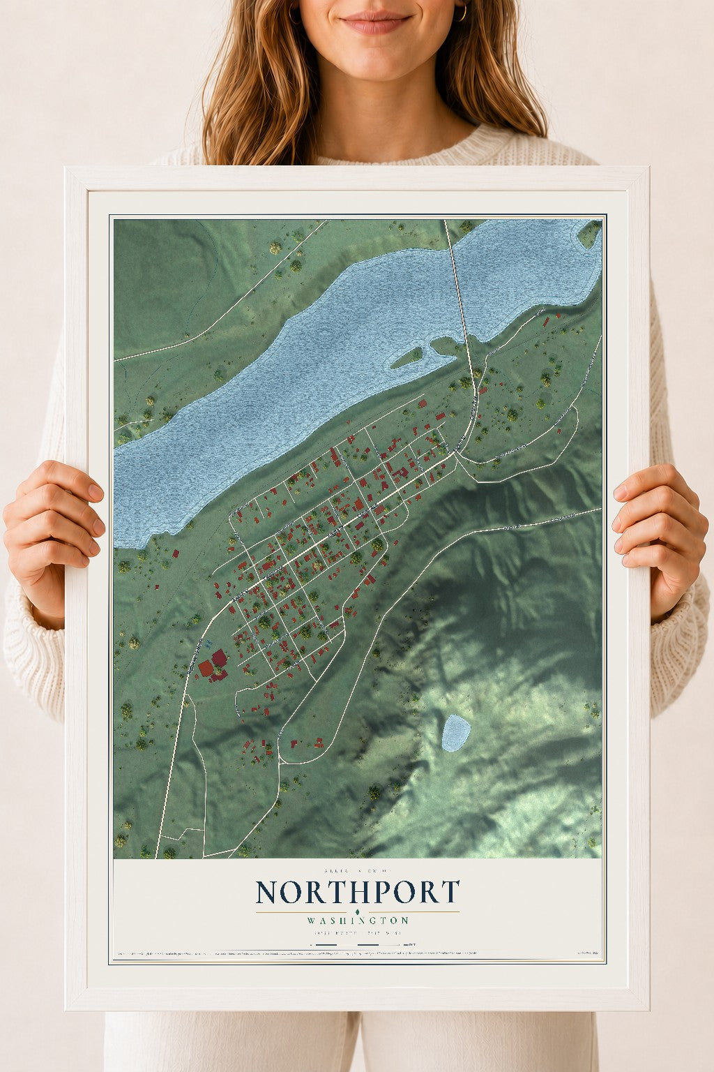 Map of Northport, Washington, 18 x 24 inch print in a white wood frame
