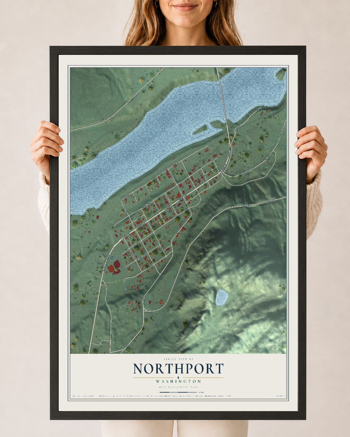 Map of Northport, Washington, 24 x 36 inch print in a black wood frame