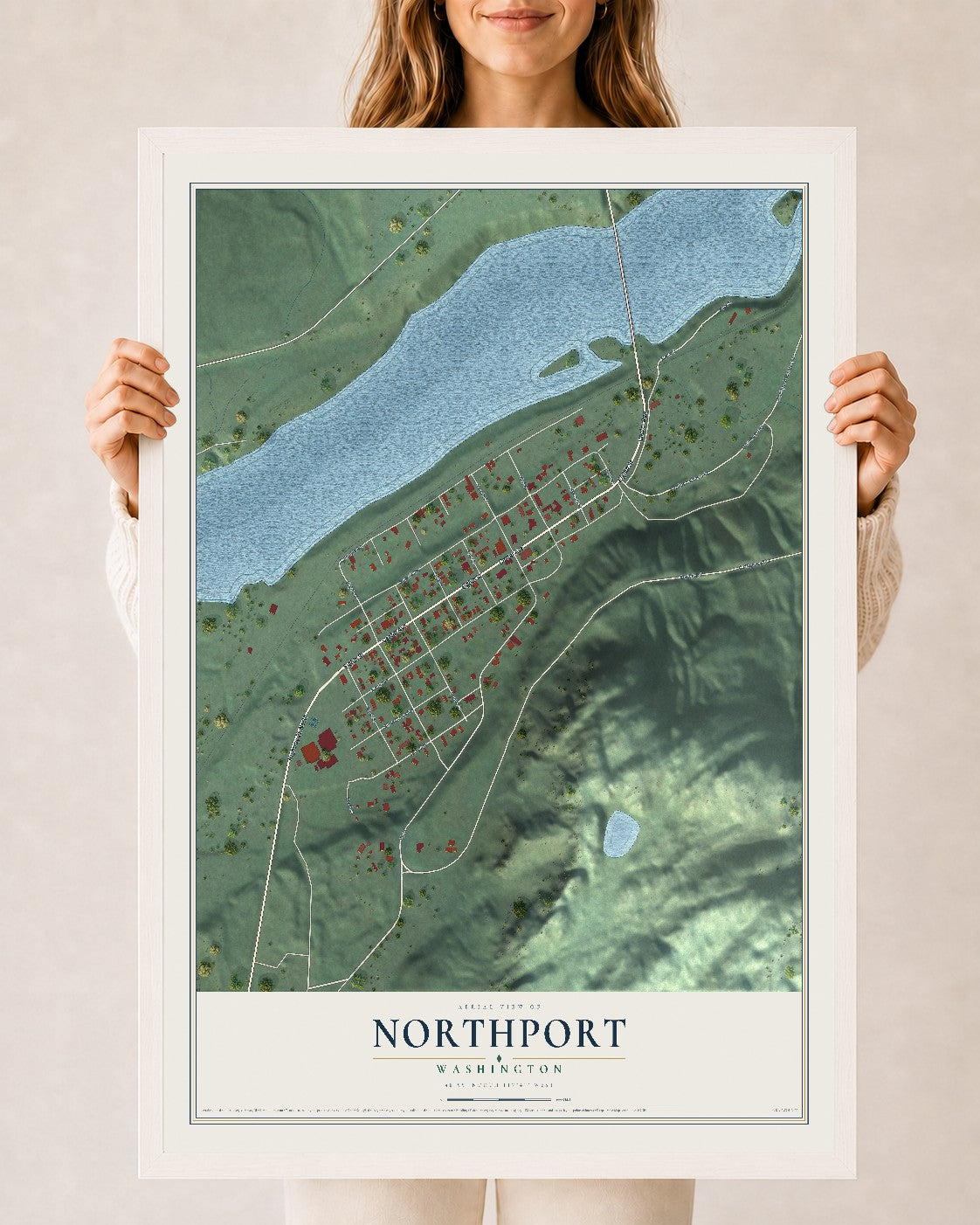 Map of Northport, Washington, 24 x 36 inch print in a white wood frame