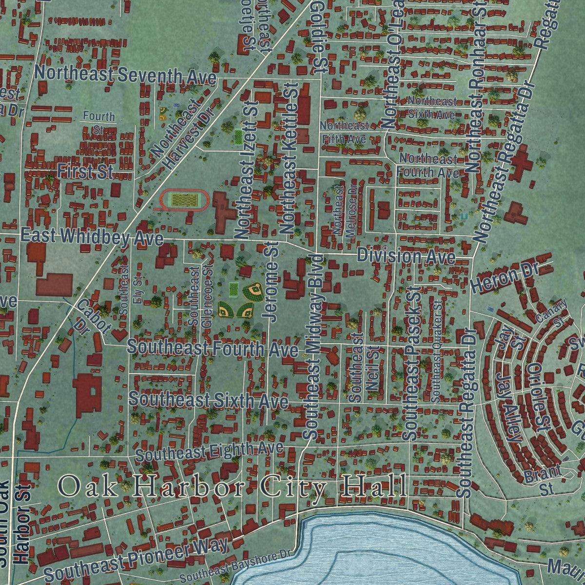 Close-up of the map of Oak Harbor, Washington print showing street and building detail