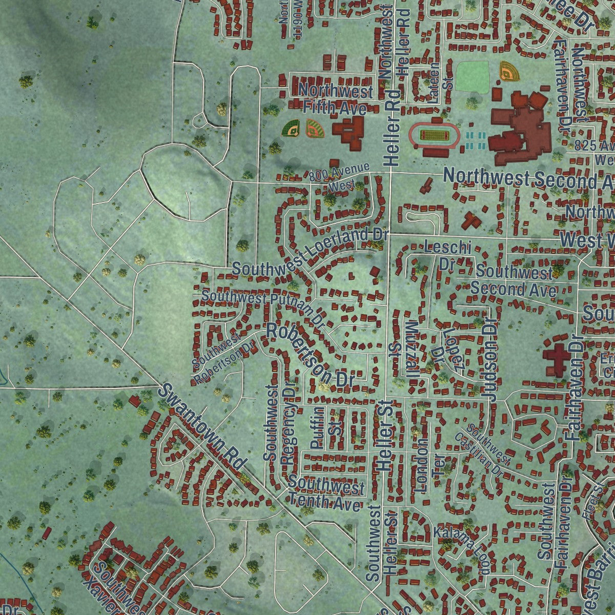Second close-up of the map of Oak Harbor, Washington print showing more streets and buildings