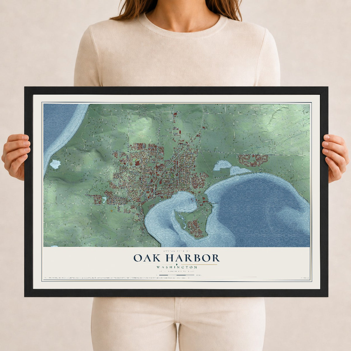 Map of Oak Harbor, Washington, 12 x 18 inch print in a black wood frame