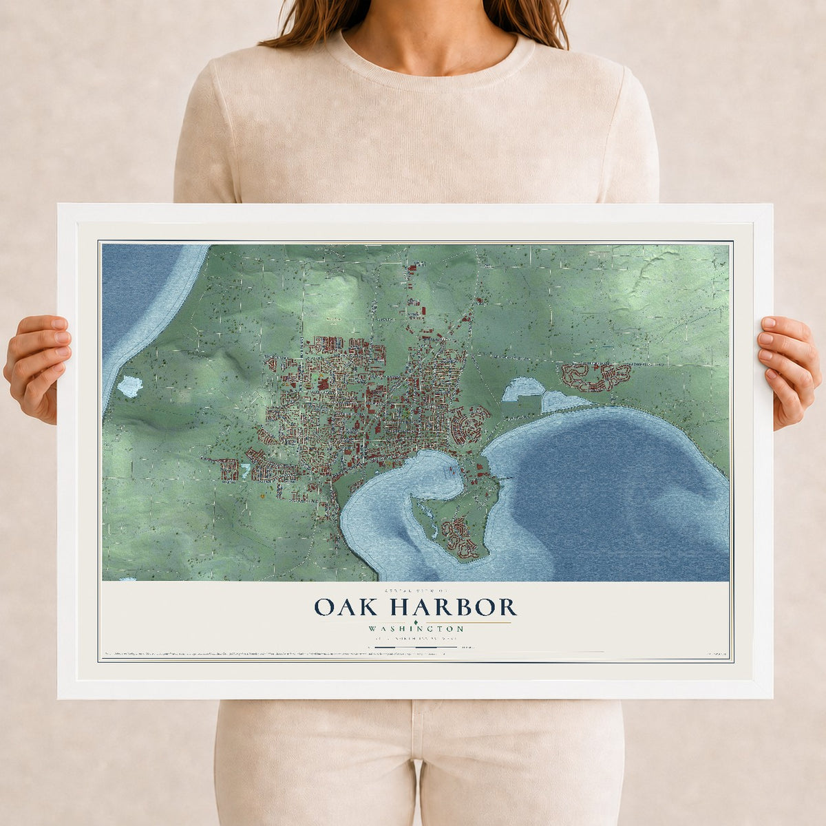 Map of Oak Harbor, Washington, 12 x 18 inch print in a white wood frame