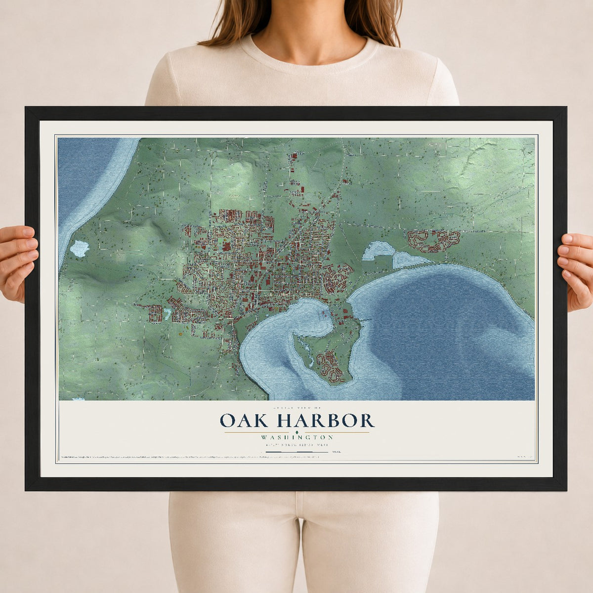 Map of Oak Harbor, Washington, 18 x 24 inch print in a black wood frame
