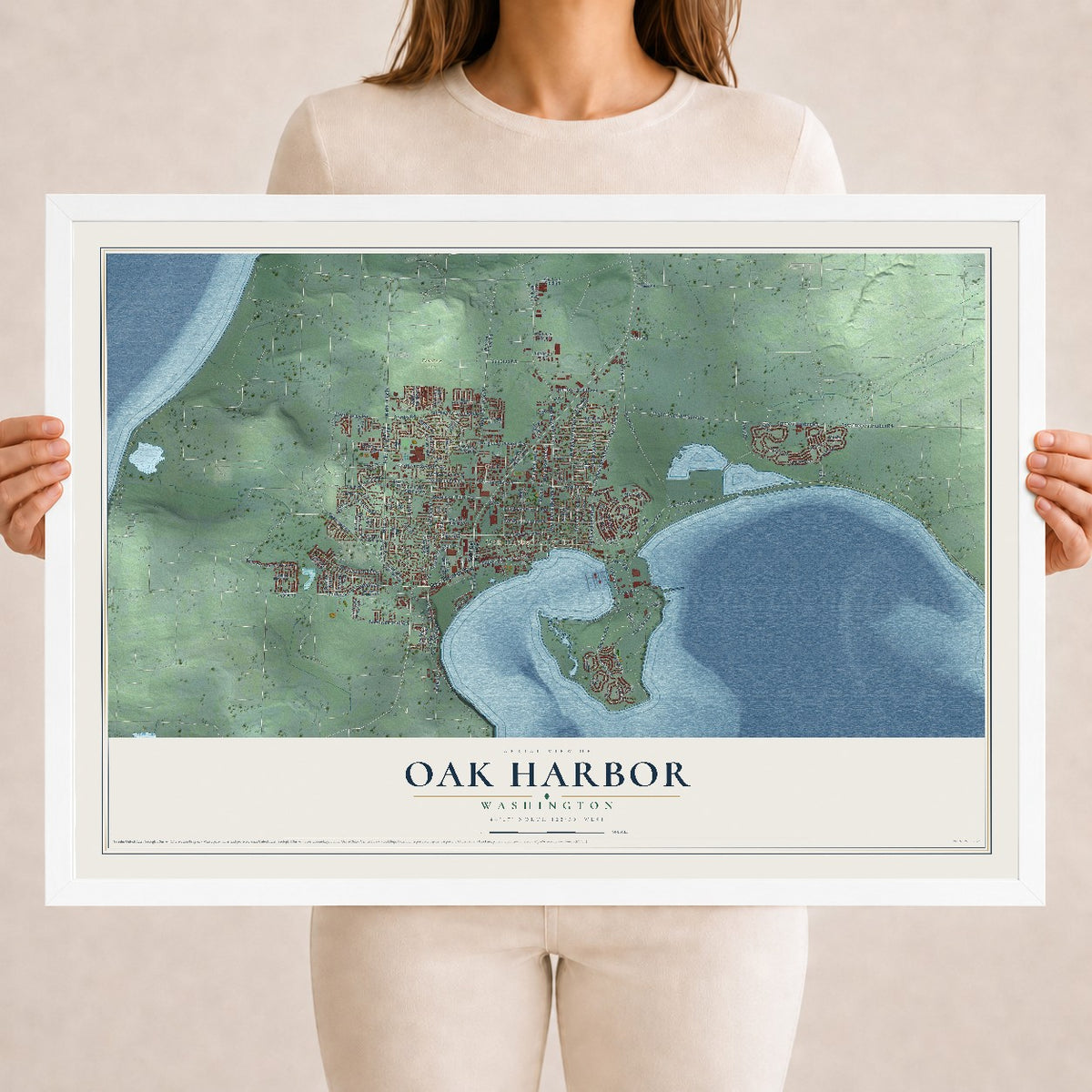 Map of Oak Harbor, Washington, 18 x 24 inch print in a white wood frame
