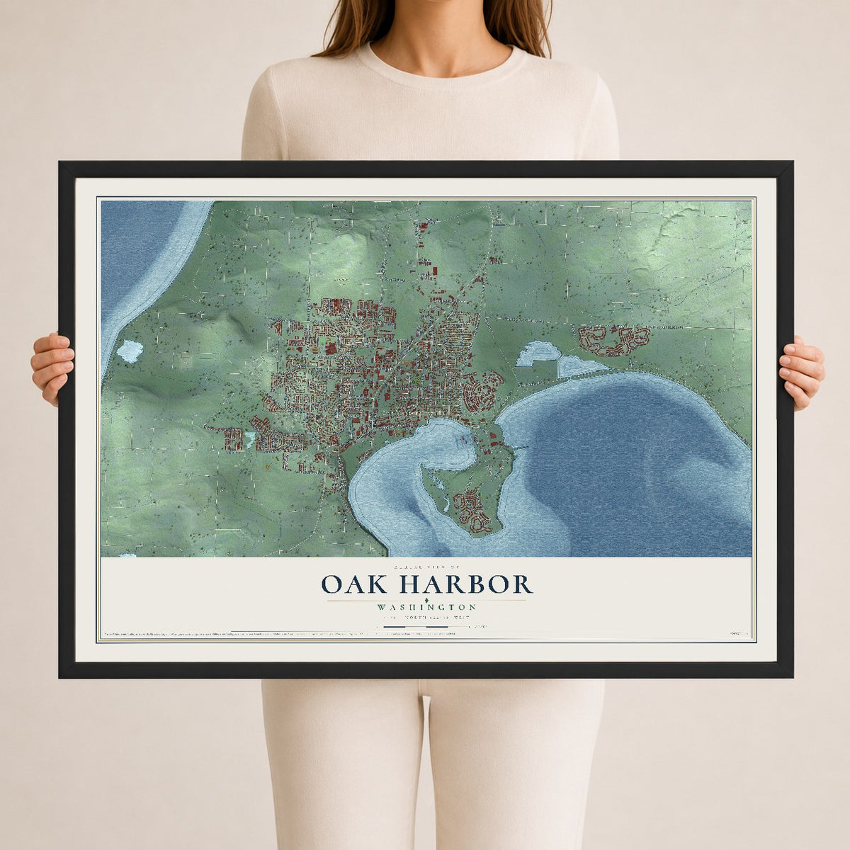 Map of Oak Harbor, Washington, 24 x 36 inch print in a black wood frame