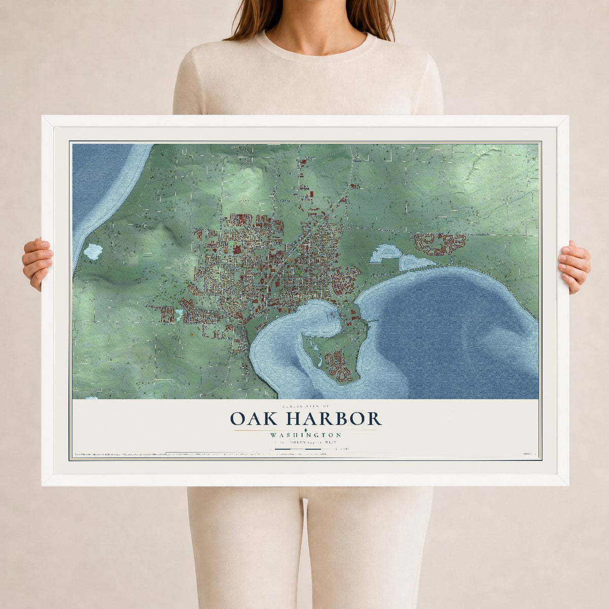 Map of Oak Harbor, Washington, 24 x 36 inch print in a white wood frame