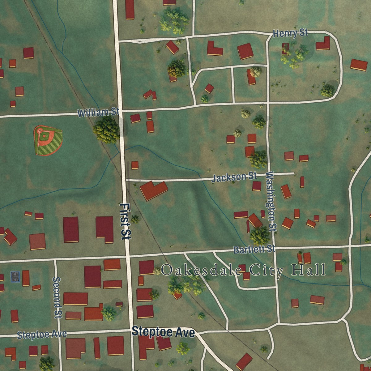 Close-up of the map of Oakesdale, Washington print showing street and building detail