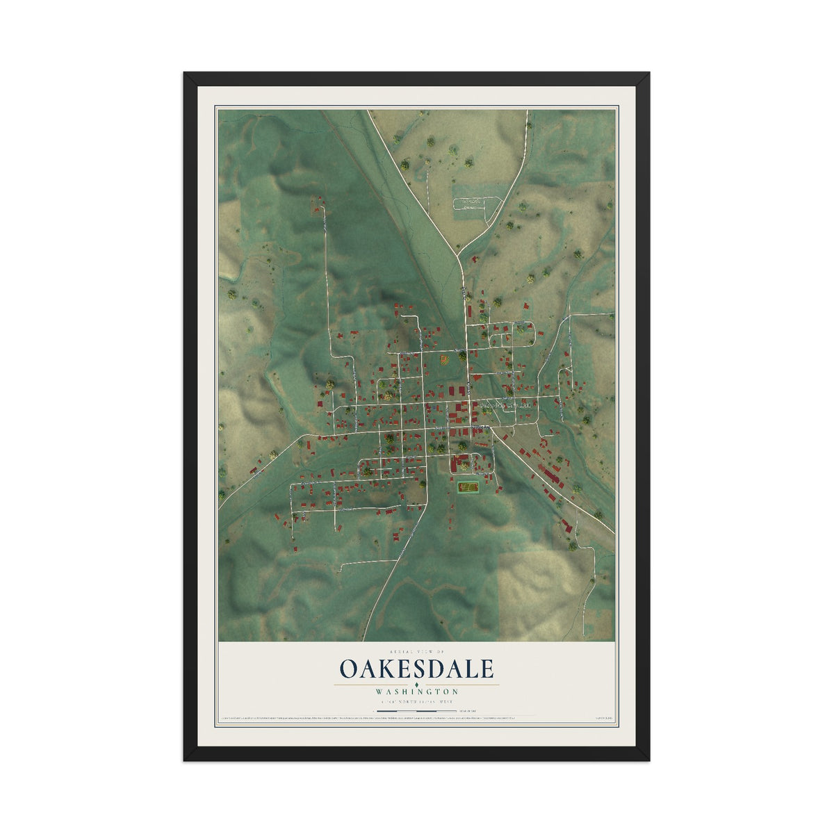 Map of Oakesdale, Washington, 12 x 18 inch print in a black wood frame
