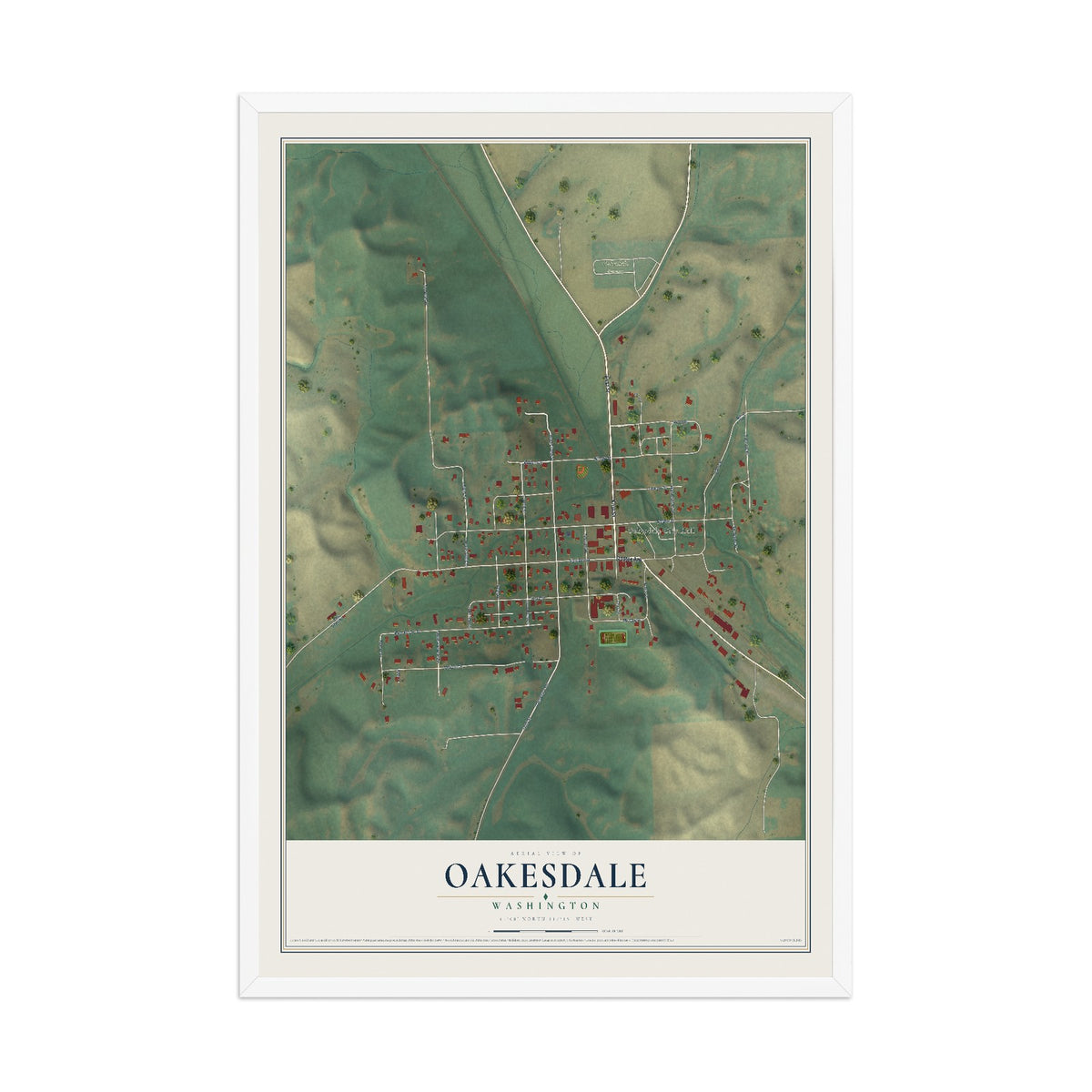 Map of Oakesdale, Washington, 12 x 18 inch print in a white wood frame