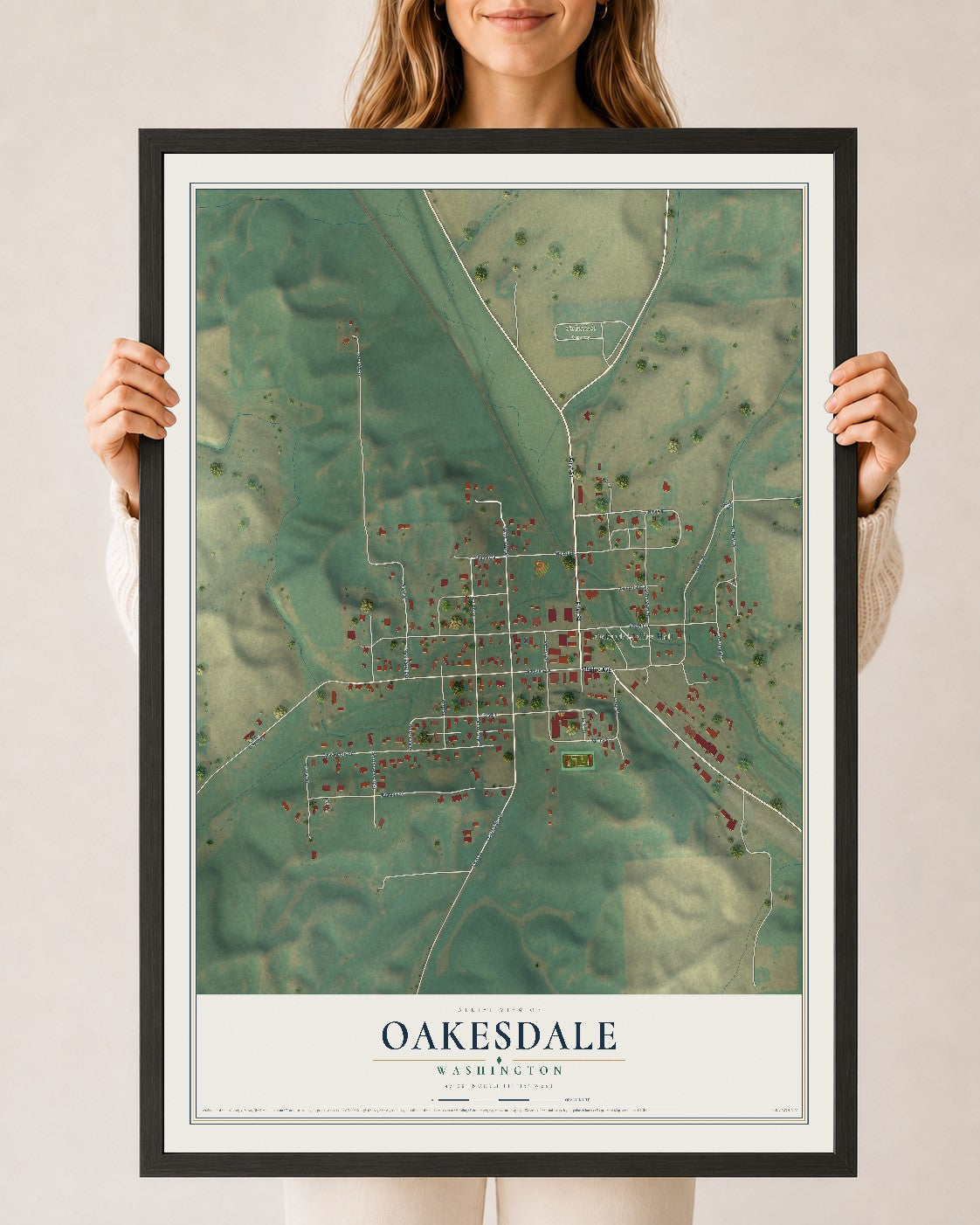 Map of Oakesdale, Washington, 24 x 36 inch print in a black wood frame