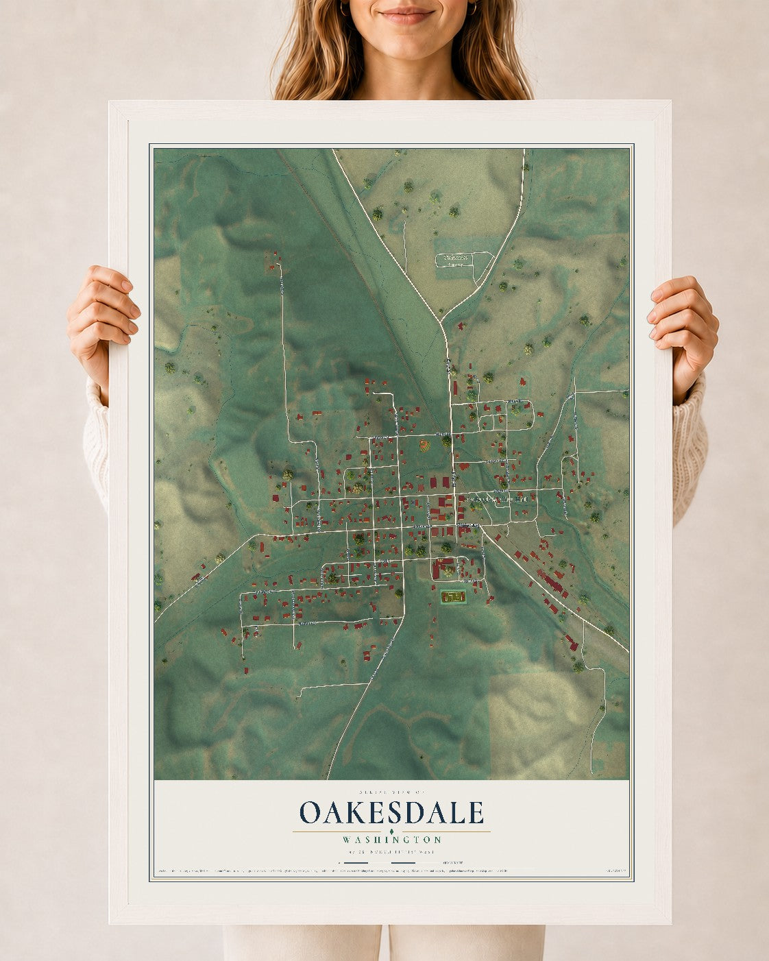Map of Oakesdale, Washington, 24 x 36 inch print in a white wood frame