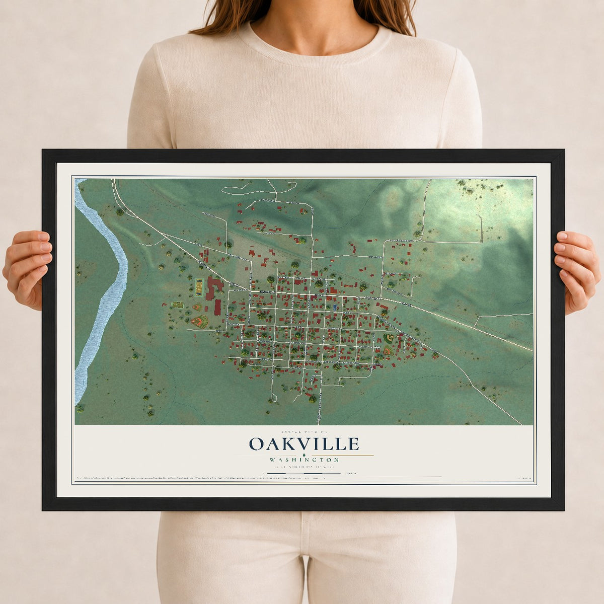 Map of Oakville, Washington, 12 x 18 inch print in a black wood frame