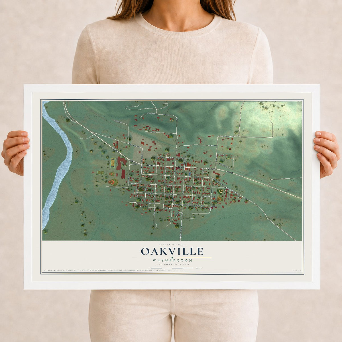 Map of Oakville, Washington, 12 x 18 inch print in a white wood frame