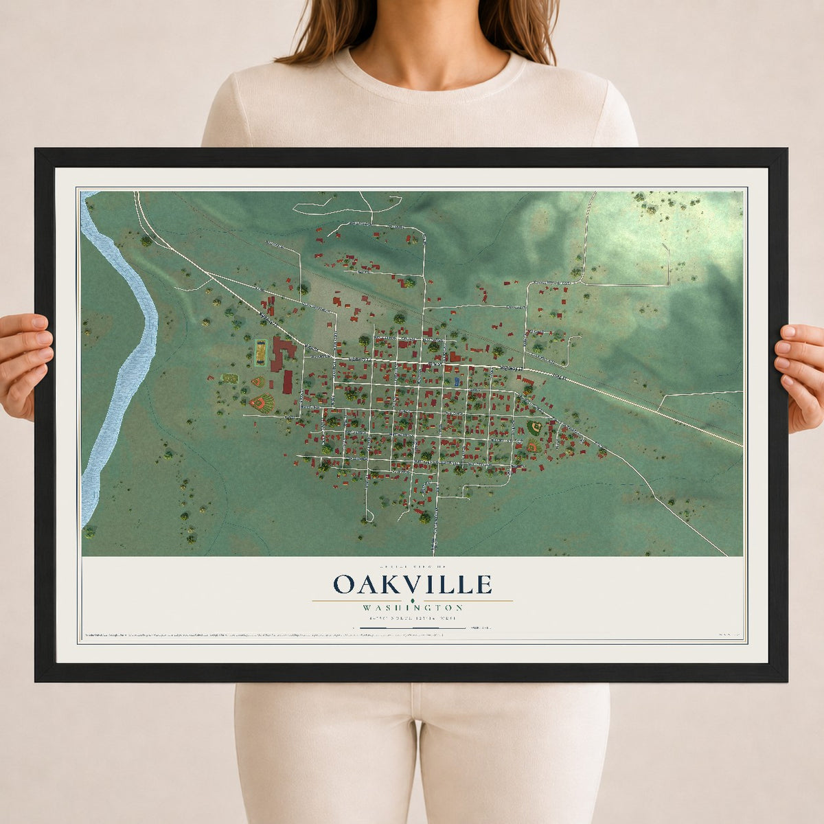 Map of Oakville, Washington, 18 x 24 inch print in a black wood frame