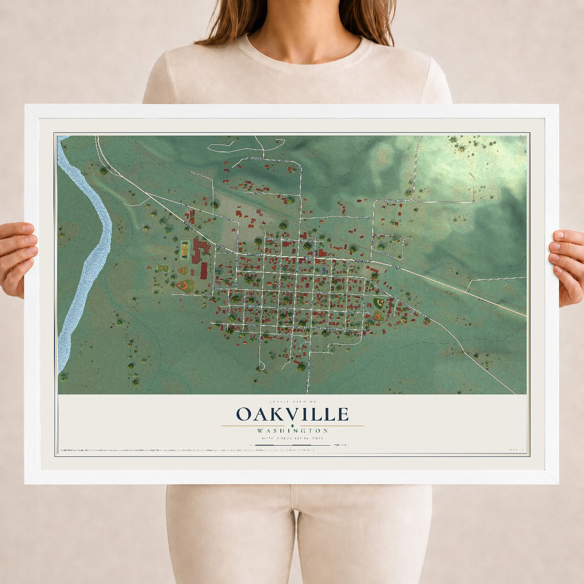 Map of Oakville, Washington, 18 x 24 inch print in a white wood frame
