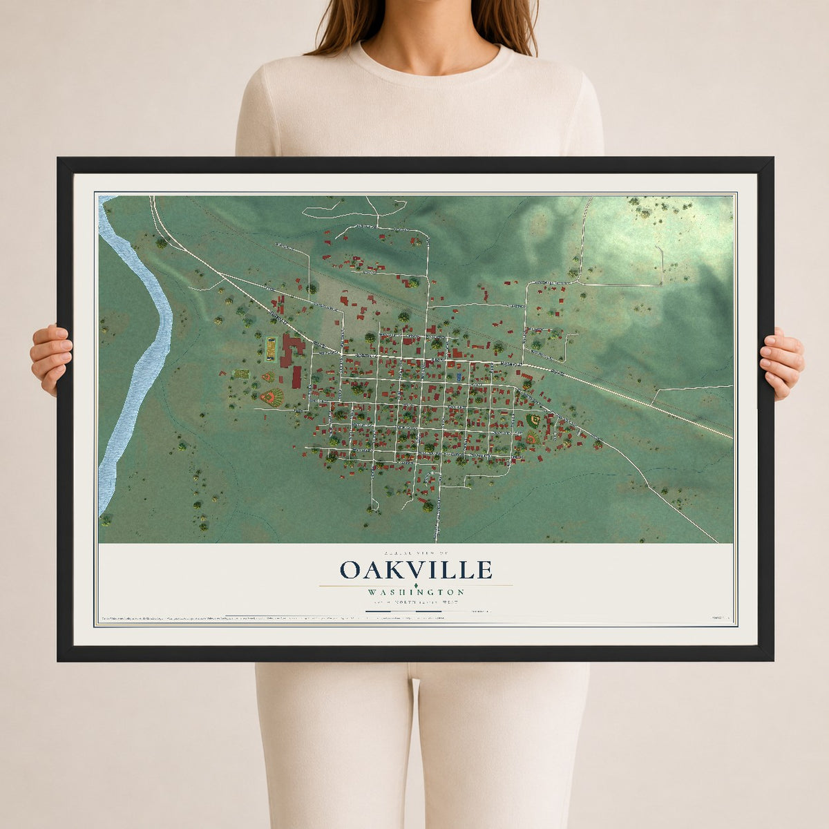 Map of Oakville, Washington, 24 x 36 inch print in a black wood frame